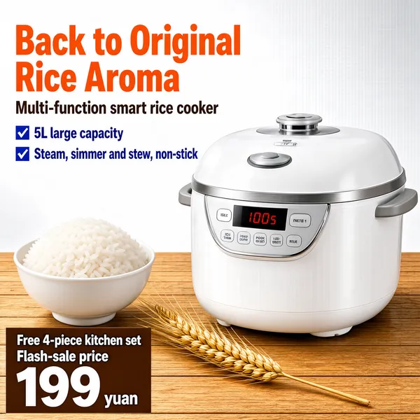 [Format]
Professional e-commerce product main image, square 1:1, simple home-appliance advertising style with warm wood and a clean white backdrop.

[Colors]
A white-to-grey gradient background; warm wooden floor planks at the base with a wheat stalk; the white rice cooker with silver accents; orange headline type, blue check rows, a brown price block. No frame border.

[Layout]
A two-line headline stack sits upper left: an orange display line over a brown sub-line, followed by two blue check rows. The white rice cooker sits centre-right on the wooden floor, its lid control panel facing the viewer. A white bowl heaped with cooked rice rests at the lower left. A brown price tag block anchors the bottom-left corner.

[Subject]
A white domed rice cooker with a silver lid band, a control panel with buttons and a small red LED display, side handles and a short steam vent, shown in three-quarter view; a white bowl of fluffy steamed rice beside it and a golden wheat stalk on the warm planks.

[Headline]
Orange line: "Back to Original Rice Aroma" in display characters. Brown line: "Multi-function smart rice cooker". Blue checks: "5L large capacity", "Steam, simmer and stew, non-stick". Brown tag: "Free 4-piece kitchen set" in white above "Flash-sale price 199 yuan" with "199" huge in white.

[Badges]
No badges; the check rows and tag carry the claims.

[Mood]
Homey, honest and value-led; warm wheat tones against clean white, everyday-family reliability at thumbnail size.
