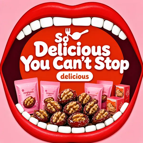 [Format]
Professional e-commerce product main image, square 1:1, playful cartoon pop-art snack style.

[Colors]
Pale pink outer ground (#f6c6cd); a giant cartoon mouth fills the frame with red lips (#e23b3b), a dark maroon interior (#7c1220) and chunky white cartoon teeth; a warm red-orange centre panel (#ef5a3a); crisp white type.

[Layout]
The wide-open cartoon mouth forms a circular frame around everything; the headline sweeps across the middle of the red panel; a small white rounded pill sits just beneath the headline; the snack products cluster in the lower half inside the mouth.

[Subject]
A heap of candied walnuts stuffed inside red dates in the foreground, glossy and sugar-dusted, with pink stand-up snack pouches and small gift-box treats stacked behind them. No people; the cartoon mouth is pure flat illustration.

[Headline]
Rounded white display type with a fork-and-spoon icon reading "So Delicious You Can't Stop", plus a small white pill containing "delicious" in friendly lowercase.

[Badges]
None beyond the delicious pill.

[Mood]
Fun, loud and appetite-driven; cartoon pop energy with vivid reds and pinks built around one giant grin.