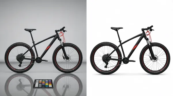 [Format]
Landscape 16:9 gig cover, a studio before and after diptych of one mountain bike, no legible cover text. Sharp isolated cut-out, clean packshot finish, even shadowless studio light. No watermark, no personal names.

[Layout]
Two vertical panels are split at the exact centre by a hard edge with no rule, border or gutter. The left panel shows the bike on a light grey seamless backdrop with a faint horizon shading low in the frame, a small colour-checker calibration card lying flat on the floor near the bottom centre of that panel, and a soft mirror reflection of the wheels and cranks stretching down into the glossy floor beneath the bike. The right panel is flat pure white, with no horizon, no reflection and no background at all, and the same bike is repeated there fractionally larger and nudged to the right. Both copies share the same side profile at nearly the same scale, centred in their panels, each filling roughly seventy percent of its panel width, wheels on the same baseline so the two objects line up across the seam.

[Subject]
A matte-black hardtail mountain bike in flat side profile, front wheel to the right, standing on knobbly black tyres that carry a thin red dash decal around each rim and small pale lettering on the sidewalls; thin silver spokes, a slim black frame with a narrow red-and-black graphic band along the down tube, a black flat handlebar with red hydraulic hoses looping forward, a black saddle on a slim post, a black crankset and a multi-gear rear derailleur. Even frontal studio light lays one soft specular line along the top of the frame, and a faint contact shadow grounds each copy.

[Headline]
none — the cover carries no headline, caption or label. The only lettering is the small illegible tyre-sidewall printing and the tiny markings on the calibration card, both unreadable at thumbnail size.

[Badges]
none — no logos, ratings or trust seals; the small colour-checker card is an object, not a badge.

[Mood]
Neutral, technical and objective: charcoal and black metal against cool grey and flat white, with one thin line of red accent on the rims and down tube. Almost no colour energy; at thumbnail size it reads as a pure transparency demonstration, the same object shown on two grounds.