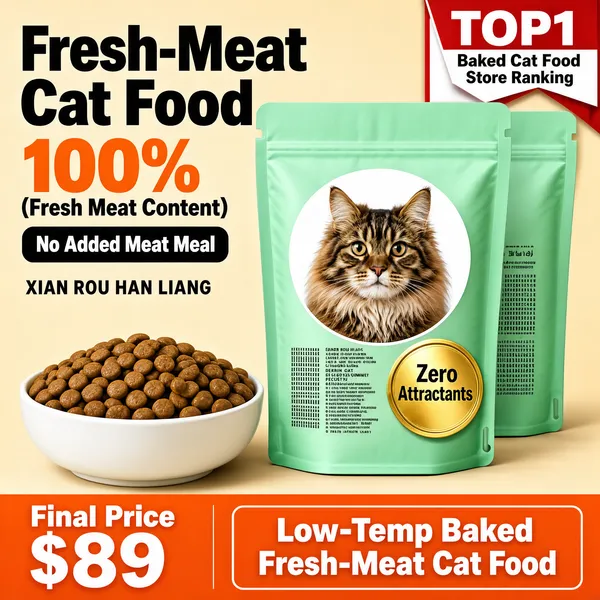 [Format]
Professional e-commerce product main image, square 1:1, bold orange cat-food promo with ranking badge.

[Colors]
Warm beige wall background (#e8ddd0 range); mint-green kibble bags; vivid orange headline numerals; black bracket text; red-white corner ribbon; orange bottom bar; No frame border.

[Layout]
Red-white TOP1 corner ribbon top-right; big headline upper-left with orange "100%" below; black tag chip under it; two mint stand-up bags center-right with a cat photo; white bowl of kibble lower-left; gold roundel on the bag; bottom orange bar splits into a price block and a white-outlined tagline.

[Subject]
Two mint-green stand-up cat food pouches, front one printed with a fluffy brown tabby cat inside a white circle and fine text columns, beside a white bowl heaped with brown round kibble.

[Headline]
Huge black-and-orange text "Fresh-Meat Cat Food"; orange "100% (Fresh Meat Content)"; black chip "No Added Meat Meal"; small caption "XIAN ROU HAN LIANG"; ribbon "TOP1 Baked Cat Food Store Ranking"; gold roundel "Zero Attractants"; bottom "Final Price $89" and "Low-Temp Baked Fresh-Meat Cat Food".

[Badges]
Red-white TOP1 corner ribbon, gold roundel, black claim chip.

[Mood]
Confident, nutrition-first pet food selling with strong sale energy.