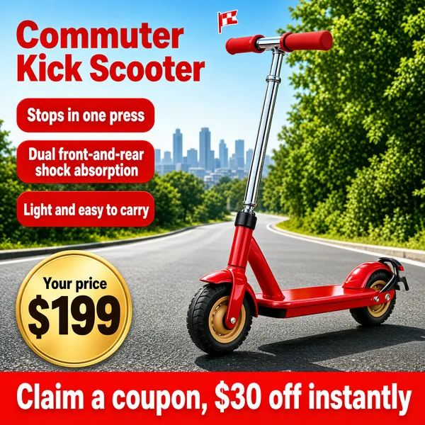 [Format]
Professional e-commerce product main image, square 1:1, outdoor ride promo with a city-road backdrop.

[Colors]
Background a smooth asphalt road curving through green trees toward a hazy city skyline under a blue sky; accents bright red on the scooter and pills; No frame border.

[Layout]
The headline sits top-left, three red rounded feature pills stack down the left, the red kick scooter stands large on the right half, a gold price badge sits lower-left, and a red coupon band runs along the bottom.

[Subject]
A glossy red adult kick scooter with a tall chrome stem, red foam grips, a rear fender brake and chunky black-tyred wheels with tan hubs, parked on the roadway. No people.

[Headline]
"Commuter Kick Scooter" in bold red caps with a small flag mark. Left pills in white on red: "Stops in one press", "Dual front-and-rear shock absorption", "Light and easy to carry". Gold badge: "Your price" with "$199" in dark text. Bottom red band: "Claim a coupon, $30 off instantly" in yellow-white.

[Mood]
Active, urban and practical; sunny roadway energy with bold red action cues.