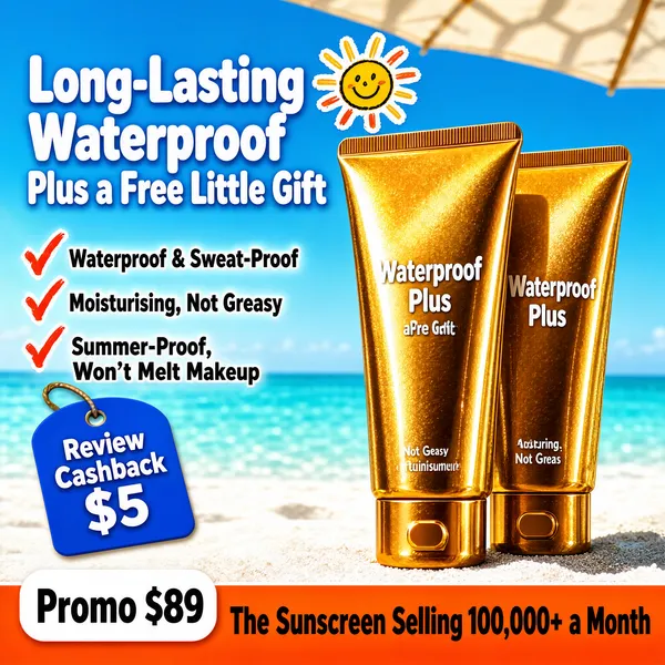 [Format]
Professional e-commerce product main image, square 1:1, summery beach sun-care style with golden tubes and reward chips.

[Colors]
A bright beach scene of sky blue, white sand and turquoise water; the tubes in metallic gold-amber; accents in white headline type, orange-red checks and a blue tag. No frame border.

[Layout]
The two-line headline sits at the top-left with a hand-drawn sun sticker beside it; a checklist of three orange-ticked claims runs beneath; a blue reward tag hangs mid-left; the two tubes stand tall centre-right with a faint parasol shadow behind; the bottom strip holds the price and a claim band.

[Subject]
Two tall squeeze tubes of sunscreen in shimmering gold-to-bronze gradient foil with flat press caps, standing upright one slightly behind the other and catching bright sunlight; a soft beach blur behind with a hint of parasol fabric overhead. No people.

[Headline]
"Long-Lasting Waterproof" in bold white with a bubble outline, then "Plus a Free Little Gift" in white beneath, with a doodled sun sticker at the upper-right. Checklist in red-orange: "Waterproof & Sweat-Proof", "Moisturising, Not Greasy", "Summer-Proof, Won't Melt Makeup". A blue tag reads "Review Cashback $5". Footer: a white chip "Promo $89"; an orange band "The Sunscreen Selling 100,000+ a Month" in dark bold.

[Mood]
Beach-day bright and reward-sweet; golden product glow over cool sea blues.