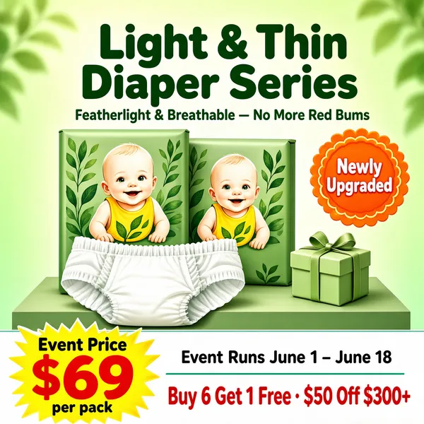 [Format]
Professional e-commerce product main image, square 1:1, soft mother-and-baby promo style with illustrated packaging and a price footer.

[Colors]
A gentle pastel-green gradient field (#cfe8c9 range) with blurred leaf shapes in the corners; accents in olive, cream, one orange badge and red-and-yellow price text. No frame border.

[Layout]
The headline sits centred at the top in green with a sub-line beneath. Two illustrated packs stand on a sage-green plinth centre-left with an unfolded diaper in front; an orange rosette badge floats at the right; the bottom fifth is a white-to-mint offer strip with a yellow price burst at the left.

[Subject]
Two matte-green diaper packs printed with a cheerful illustrated white / Caucasian baby in a yellow bib among green leaf motifs; one open white diaper laid out in front showing the soft elastic waist; a small green gift-box prop sits at the right on the plinth. No photographic people.

[Headline]
"Light & Thin Diaper Series" in rounded dark-green bold; beneath it "Featherlight & Breathable — No More Red Bums" in smaller green text. The orange scalloped rosette reads "Newly Upgraded" in white. Bottom: a yellow block "Event Price $69" with "per pack" in small text; centre black text "Event Runs June 1 – June 18"; a red bold line "Buy 6 Get 1 Free · $50 Off $300+".

[Mood]
Tender, hygienic and reassuring; pastel nursery greens with festive deal energy.