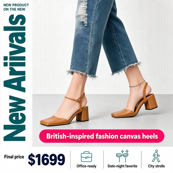 [Format]
Professional e-commerce product main image, square 1:1, editorial fashion footwear advertising style with a tall vertical headline.

[Colors]
Background is a soft white studio wall with a pale grey floor; primary accents are dusty-teal display type, a hot-pink capsule banner and the tan leather heels. No frame border.

[Layout]
Left edge: a white margin column with a small brand line "NEW PRODUCT ON THE NEW" and four huge teal characters stacked vertically reading downward. Centre-right: a model's legs mid-stride wearing the heels. Lower area: a pink rounded capsule with the style line. Bottom: a white band with price left and three icon-and-caption groups right.

[Subject]
Slender fair-skinned female legs in distressed cropped blue jeans, wearing tan leather block-heel slingback sandals with a slim ankle strap and a square toe, one foot pointing as if walking; a dainty bracelet at the ankle, bright even studio light.

[Headline]
Vertical teal column: "New Arrivals" in very heavy dusty-teal display characters running down the left. Pink capsule: "British-inspired fashion canvas heels" in white bold. Bottom band: "Final price $1699" with the number oversized in dark navy; three teal line icons labelled "Office-ready", "Date-night favorite" and "City strolls".

[Badges]
No badges; the icon trio carries the use cases.

[Mood]
Chic, airy and trend-forward; cool teal against warm tan leather with tall editorial type.
