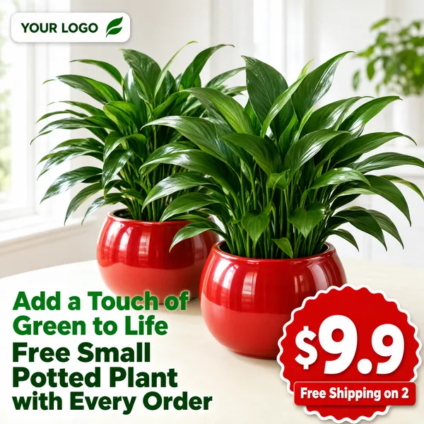 [Format]
Professional e-commerce product main image, square 1:1, bright airy home-garden advertising style with natural daylight and cheerful green promo graphics.

[Colors]
Bright white interior background #f4f4f2 with soft window light; dominant leafy greens #4c8c3f; glossy scarlet-red pots #c23b2a; accents of grass green #2f9e44 and a red price burst. No frame border.

[Layout]
Two potted plants fill the centre, one slightly behind the other, on a pale table against a blurred white room; a small logo placeholder sits top-left; a green headline block occupies the lower-left; a red scalloged price circle overlaps the bottom-right corner.

[Subject]
Two lush peace lily plants (Spathiphyllum) with abundant glossy dark-green leaves and arching blades, each planted in a shiny rounded red ceramic pot, fresh and full, photographed in soft natural window light. No people.

[Headline]
Lower-left, a line of grass-green bold text "Add a Touch of Green to Life" above a larger dark-green line "Free Small Potted Plant with Every Order" in heavy green type. Bottom-right, a red starburst circle with a giant white "$9.9" and a small white tag beneath reading "Free Shipping on 2".

[Badges]
Top-left, a small white rounded badge with placeholder text "YOUR LOGO" beside a tiny green design mark.

[Mood]
Fresh, lively and homey; sunlit greens against clean white, friendly bargain pricing in the corner.