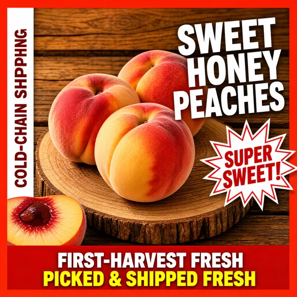 [Format]
Professional e-commerce product main image, square 1:1, appetizing fresh-fruit style with a rustic photo centre inside a bold red frame. No watermark, no personal names.

[Colors]
Vivid red-orange border field (#e8442e range) framing a warm rustic photograph; white and yellow display type; a white comic burst badge with red text. No frame border.

[Layout]
The square is split: an outer red frame surrounds a large square photograph filling the centre. The top-right of the photo carries the white headline; a narrow vertical white strip with dark caps runs down the left edge; a comic burst badge pops at the middle right; a solid red banner runs along the bottom inside the frame.

[Subject]
No people. Three ripe honey peaches with fuzzy red-and-cream blushed skin and pointed tips, piled on a round raw-edge wooden slice; warm wood-grain planks behind, soft natural daylight, a hint of a cut peach with deep-red flesh entering the lower-left corner.

[Headline]
Top-right: "SWEET HONEY PEACHES" in fat white caps with a slight tilt. Left edge: a narrow vertical white strip with stacked dark-red caps "COLD-CHAIN SHIPPING". Middle right: a white comic burst outline badge with red caps "SUPER SWEET!". Bottom red band: "FIRST-HARVEST FRESH" in white caps followed by "PICKED & SHIPPED FRESH" in bright yellow caps.

[Mood]
Juicy, rustic and mouth-watering; farm-stand warmth inside a punchy red promotional frame.