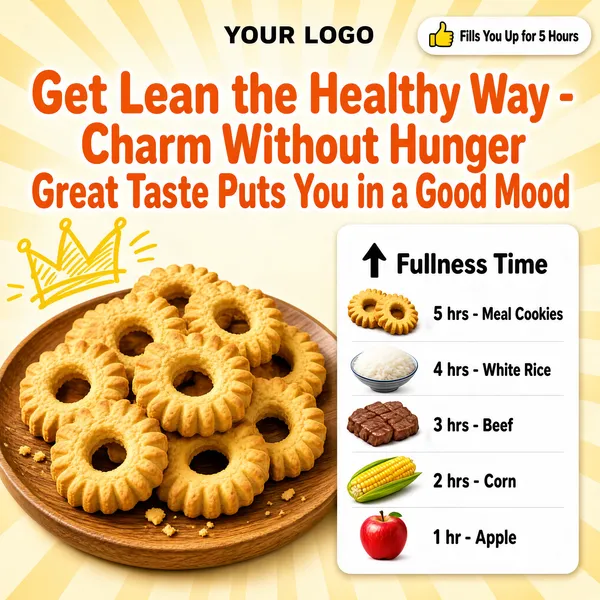 [Format]
Professional e-commerce product main image, square 1:1, cheerful beige diet-snack infographic style.

[Colors]
Warm cream ground with soft sunburst rays (#f7e6c8); golden butter cookies on a wood plate; a yellow crown doodle; a white info card with black text; orange headline type.

[Layout]
A brand chip at the top-left and a YOUR LOGO placeholder top-centre; a two-line orange headline at the top; a yellow crown sketch at the left and a white thumbs-up pill at the right; the cookie plate occupies the lower left; a white satiety-timeline card with five rows fills the right side.

[Subject]
A pile of ring-shaped golden butter cookies with crisp ridged edges on a round wooden plate, plus tiny food thumbnails inside the timeline rows. No people.

[Headline]
"Get Lean the Healthy Way - Charm Without Hunger" and "Great Taste Puts You in a Good Mood" in orange; timeline rows read "5 hrs - Meal Cookies", "4 hrs - White Rice", "3 hrs - Beef", "2 hrs - Corn", "1 hr - Apple" with a small upward arrow marking fullness time.

[Badges]
A yellow crown doodle and a white pill with a thumbs-up icon reading "Fills You Up for 5 Hours".

[Mood]
Light, encouraging and snackable; warm cookie tones with friendly infographic aids.
