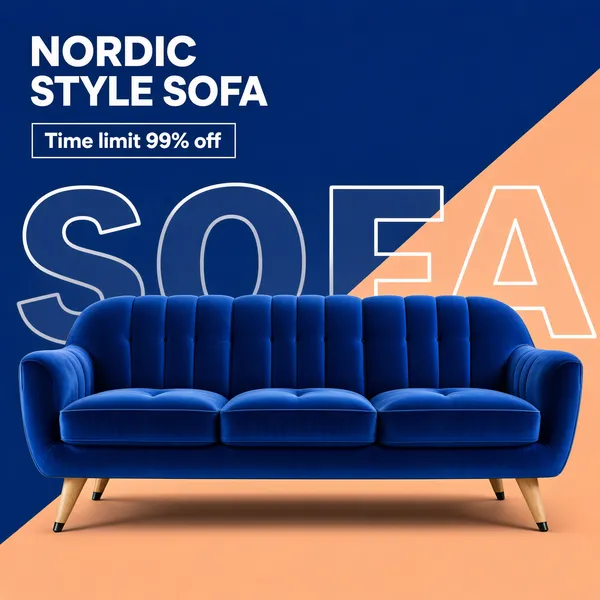 [Format] Professional e-commerce product main image, square 1:1, modern flat colour-block furniture showcase. No watermark, no personal names.

[Colors] Background split diagonally: deep royal blue #2e5fa3 covering the upper-left two-thirds and warm peach #f7c99b the lower-right triangle, meeting on a crisp diagonal; accent colour pure white typography throughout. No frame border.

[Layout] Top-left holds a two-line title and a thin outlined sub-badge beneath it. A giant ghosted word runs horizontally behind the sofa across the middle band. The hero sofa sits centered in the lower half on short light-wood legs, straddling the colour diagonal so its silhouette pops against both fields.

[Subject] No people. A three-seat mid-century modern sofa upholstered in saturated cobalt blue velvet with deep channel tufting across the seat and back, plump rounded armrests, and tapered light-oak angled legs with black metal tips. Soft studio shadow beneath, velvet showing gentle sheen along the cushions.

[Headline] Upper-left: "NORDIC STYLE SOFA" in bold white caps. Directly below, a thin white-outlined rectangle containing "Time limit 99% off" in white sans-serif. Behind the sofa, the word "SOFA" repeated at enormous scale in translucent white outline caps, cropped by the frame edges for a poster feel.

[Mood] Bold, editorial and contemporary; flat colour blocking with a single confident statement piece.