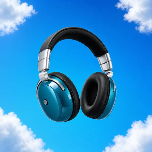 [Format]
Professional e-commerce product main image, square 1:1, minimalist lifestyle-tech style built on an open-sky concept.

[Colors]
Background a vivid sky-blue gradient (#4aa3e8 range) with soft white clouds drifting at the corners; glossy teal-blue headphone shells with black ear cushions and silver hinge details; no display type anywhere; no frame border.

[Layout]
The headphones float centre-frame in a dynamic three-quarter tilt with the earcups angled outward; clouds occupy the four corners; generous negative space all around keeps the product as the sole focal point.

[Subject]
No people. A pair of on-ear wireless headphones with glossy teal-blue cups, a black padded headband underside, silver adjustment sliders and a small mode button on the left cup, suspended mid-air against the open sky as if weightless.

[Headline]
No display text; the tile is a pure product hero with no copy anywhere on the frame.

[Badges]
None.

[Mood]
Free, light and effortless; open-sky blue with a floating product evoking untethered listening anywhere.
