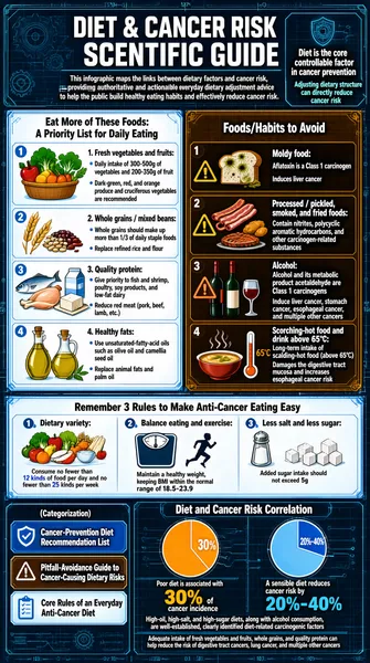 This infographic is titled "DIET & CANCER RISK SCENTIFIC GUIDE", designed in a deep-blue tech blueprint style with a clear overall layout and well-defined structure, presenting content through modular sections. The background features grid lines and mechanical gears and other engineering elements, creating a rigorous, authoritative scientific atmosphere. The main title at the top uses bold white lettering, with a subtitle below: "This infographic maps the links between dietary factors and cancer risk, providing authoritative and actionable everyday dietary adjustment advice to help the public build healthy eating habits and effectively reduce cancer risk." On the right, the annotations "Diet is the core controllable factor in cancer prevention" and "Adjusting dietary structure can directly reduce cancer risk" reinforce the core message.

The main body of the infographic is divided into three major sections, distinguished by different colors and icons:

I. Cancer-Prevention Diet Recommendation List (light blue module)
This section is titled "Eat More of These Foods: A Priority List for Daily Eating" and contains four recommended categories:
1. Fresh vegetables and fruits:
   - Daily intake of 300-500g of vegetables and 200-350g of fruit
   - Dark-green, red, and orange produce and cruciferous vegetables are recommended
   - Illustration: line drawing of a basket filled with vegetables and fruits

2. Whole grains / mixed beans:
   - Whole grains should make up more than 1/3 of daily staple foods
   - Replace refined rice and flour
   - Illustration: line drawings of wheat ears, a bowl of grains, and beans

3. Quality protein:
   - Give priority to fish and shrimp, poultry, soy products, and low-fat dairy
   - Reduce red meat (pork, beef, lamb, etc.)
   - Illustration: line drawings of fish, chicken, a milk carton, and tofu

4. Healthy fats:
   - Use unsaturated-fatty-acid oils such as olive oil and camellia seed oil
   - Replace animal fats and palm oil
   - Illustration: line drawings of oil bottles and an oil cruet

II. Pitfall-Avoidance Guide to Cancer-Causing Dietary Risks (brown module)
This section is titled "Foods/Habits to Avoid" and contains four risk points to steer clear of:
1. Moldy food:
   - Aflatoxin is a Class 1 carcinogen
   - Induces liver cancer
   - Illustration: moldy bread and a warning triangle icon

2. Processed / pickled, smoked, and fried foods:
   - Contain nitrites, polycyclic aromatic hydrocarbons, and other carcinogen-related substances
   - Illustration: line drawings of bacon, sausage, fried chicken drumsticks, and grilled meat

3. Alcohol:
   - Alcohol and its metabolic product acetaldehyde are Class 1 carcinogens
   - Induce liver cancer, stomach cancer, esophageal cancer, and multiple other cancers
   - Illustration: wine bottles, wine glasses, and a warning triangle icon

4. Scorching-hot food and drink above 65°C:
   - Long-term intake of scalding-hot food (above 65°C)
   - Damages the digestive tract mucosa and increases esophageal cancer risk
   - Illustration: a bowl of hot soup and a thermometer showing high temperature

III. Core Rules of an Everyday Anti-Cancer Diet (light blue module)
This section is titled "Remember 3 Rules to Make Anti-Cancer Eating Easy" and contains three core principles:
1. Dietary variety:
   - Consume no fewer than 12 kinds of food per day and no fewer than 25 kinds per week
   - Illustration: line drawings of various fruits, vegetables, meats, grains, and other foods

2. Balance eating and exercise:
   - Maintain a healthy weight, keeping BMI within the normal range of 18.5-23.9
   - Illustration: a weighing scale and a running human-figure icon

3. Less salt and less sugar:
   - Daily salt intake should not exceed 5g
   - Added sugar intake should not exceed 25g
   - Illustration: line drawings of a salt shaker and sugar cubes

The bottom area further summarizes key data and correlations:

On the left is a small "(Categorization)" module using three box diagrams corresponding to the three major sections above: a blue box representing the "Cancer-Prevention Diet Recommendation List", a brown box representing the "Pitfall-Avoidance Guide to Cancer-Causing Dietary Risks", and a light blue box representing the "Core Rules of an Everyday Anti-Cancer Diet".

On the right is the "Diet and Cancer Risk Correlation" module, containing two circular pie charts with explanatory text:
- The left pie chart shows "Poor diet is associated with 30% of cancer incidence", with an orange-yellow progress bar
- The right pie chart shows "A sensible diet reduces cancer risk by 20%-40%", with a blue progress bar
- Explanatory text:
   - High-oil, high-salt, and high-sugar diets, along with alcohol consumption, are well-established, clearly identified diet-related carcinogenic factors
   - Adequate intake of fresh vegetables and fruits, whole grains, and quality protein can help reduce the risk of digestive tract cancers, lung cancer, and multiple other cancers

Through its clear visual hierarchy, consistent icon style, precise numerical annotations, and logically distinct module divisions, the infographic systematically communicates the scientific relationship between diet and cancer risk, combining educational value with practicality.