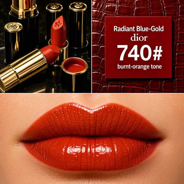 [Format]
Professional e-commerce product main image, square 1:1, glossy beauty close-up collage style with a luxury lipstick focus.

[Colors]
Three stacked photographic panels: top-left a dark counter scene with gold-studded black packaging and red bullets; top-right a deep crimson textured wall with a red label panel; bottom half a macro lip shot in vivid red on fair skin. Accent type is white and red. No frame border.

[Layout]
Top-left panel: a gold lipstick tube lying at an angle, red bullet embossed with a small star, its cap off showing a sliver of red. Top-right panel: a crimson rectangular label card centred on the red crocodile-textured wall. Bottom half: an extreme close-up of lips filling the width.

[Subject]
The bottom half is a macro photograph of full, glossy lips painted in a saturated burnt-orange red lipstick with a dewy sheen, on a fair-skinned face, the texture of the lipstick clearly visible; above, the matte red bullet rests among sleek black-and-gold lipsticks on a dark vanity.

[Headline]
On the crimson label card: "Radiant Blue-Gold" in white caps, "dior" in small white lowercase serif, then "740#" in very large white bold, and "burnt-orange tone" in smaller white text beneath.

[Badges]
No badges; the label card carries all copy.

[Mood]
Sensual, high-end and color-obsessed; deep crimson lacquer tones with a wet-look lip hero and boutique counter glamour.
