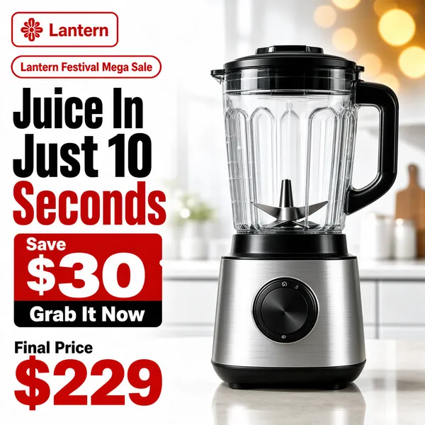 [Format]
Professional e-commerce product main image, square 1:1, fast-paced small-appliance promo with red urgency type over a soft bright kitchen backdrop.

[Colors]
White-to-pale-grey blurred kitchen background; red header pills and type (#d0342c); a black blender jar over a silver base; a warm bokeh bubble accent at top-right. No frame border.

[Layout]
A red logo chip sits top-left with an outlined red pill beneath it; the big two-tone headline runs down the left; a red coupon block sits mid-left; the blender fills the right half; the final price lands bottom-left.

[Subject]
Right: a countertop blender with a clear ribbed jug, black lid and blade assembly, and a brushed-silver motor base with a black control dial, a crisp product render with a soft reflection. No people.

[Headline]
Red outlined pill: "Lantern Festival Mega Sale"; then "Juice In Just 10 Seconds" - "Juice In Just 10" in heavy black with "Seconds" dropping into red; a red coupon block reads "Save" small and "$30" huge in white over a black strip "Grab It Now"; bottom-left: "Final Price" small and "$229" in giant red numerals.

[Mood]
Fast, festive and deal-driven; red-and-black urgency over a clean bright kitchen scene.