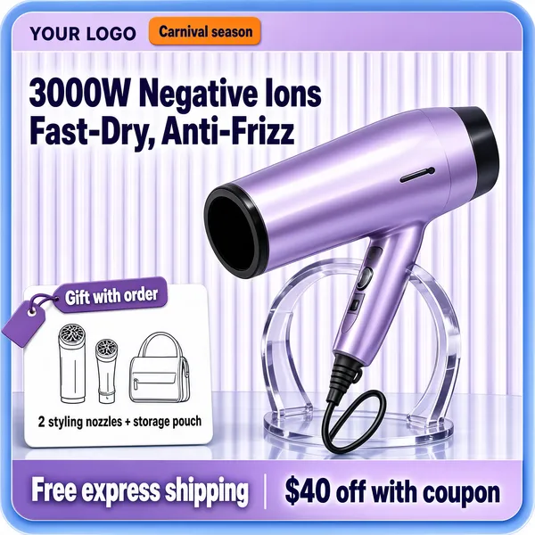 [Format]
Professional e-commerce product main image, square 1:1, glossy pastel-tech appliance style with vertical ribbed light panels.

[Colors]
Background a lilac-and-white vertically striped panel (#cfc4ea range) inside a rounded blue frame, metallic lavender dryer, dark-purple and white type; No frame border beyond the soft blue outer frame.

[Layout]
A top banner strip with a logo chip, a "YOUR LOGO" mark and a seasonal tag; the two-line headline upper-left; a white gift card lower-left with a lilac tag; the dryer angled centre-right above a clear acrylic arc stand; a lilac claim band along the bottom.

[Subject]
No people. A sleek lavender-metallic hair dryer with a black air-inlet ring at the barrel and a black cord loop, floating diagonally above a transparent curved stand.

[Headline]
Big dark-purple characters: "3000W Negative Ions" over "Fast-Dry, Anti-Frizz". Lilac tag: "Gift with order". White card with line icons: "2 styling nozzles + storage pouch". Lilac band: left, bold white "Free express shipping"; right, dark text "$40 off with coupon".

[Badges]
Top strip: a small dark chip with white lettering beside a "YOUR LOGO" mark and an orange "Carnival season" tag.

[Mood]
Light, techy and gift-ready; pastel lilac gloss with salon-grade power claims.