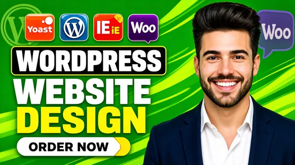 [Format]
Professional Fiverr gig cover, landscape 16:9 banner. Bold, high-energy commercial advertising style on a saturated green ground with heavy display type. No watermark, no personal names.

[Layout]
A vivid green full-bleed background swept with lighter lime-green abstract swooshes and streaks, plus large semi-transparent WordPress "W" circular logos and purple Woo speech-bubble shapes floating as faint watermarks in the corners. The left two-thirds carry the badge row and headline stack; the subject is a large chest-up portrait filling the right third and bleeding off the right edge.

[Subject]
Right side, cropped at the chest: a young white / Caucasian man with thick dark hair swept up in a pompadour, a short neat beard and moustache, a wide bright smile showing his teeth, wearing a navy-blue blazer over an open-collar white shirt. Bright, even studio light, sharp focus, looking directly at the camera. No text or watermark on the subject.

[Headline]
Stacked on the left: a row of four small rounded-square app badges at the top — the orange-red Yoast mark with its dot pattern, the blue-and-white WordPress circular logo, a red-orange square badge with "IE" and a yellow "iE" reading mark, and the purple "Woo" speech-bubble badge. Below, "WORDPRESS" in very heavy white condensed caps set inside a black rounded rectangle with a thin yellow border; then "WEBSITE" in enormous heavy white caps directly on the green; then "DESIGN" in very heavy yellow caps. At the bottom-left, a white rounded pill button with black bold caps "ORDER NOW" and a small yellow notch on its right end.

[Mood]
Loud, friendly and sales-driven; one confident green with white and yellow slab type, glossy app badges and a big smiling human presence on the right.