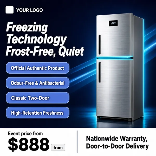 [Format]
Professional e-commerce product main image, square 1:1, tech-forward appliance style on a dark blue stage-light background.

[Colors]
Background is a deep navy-blue gradient in the #0e2a52 range with sweeping translucent light streaks and a soft glow behind the product. Accents are brushed silver on the fridge, electric cyan light edges, white headline type, and periwinkle-blue claim pills. A white price strip closes the bottom. No frame border.

[Layout]
A small white logo chip and "YOUR LOGO" sit at the top left. The italic headline occupies the upper left in two lines. Four rounded claim pills stack beneath it, each outlined and filled in periwinkle blue. The fridge stands tall on the right half, slightly turned, its seam lit by a cyan glow. The bottom strip holds price and service text.

[Subject]
A slim two-door fridge in brushed silver with a top-mounted freezer door, a small digital temperature display at the upper centre and vertical recessed handles, photographed at a three-quarter angle with a cool cyan light tracing the door split; subtle floor reflection. No people.

[Headline]
Upper left in heavy white italic caps: "Freezing Technology" then "Frost-Free, Quiet" on the second line. Four pills beneath in white text: "Official Authentic Product", "Odour-Free & Antibacterial", "Classic Two-Door", "High-Retention Freshness". Bottom white strip: "Event price from" small, "$888" huge in black with a tiny "from" tag, and to the right "Nationwide Warranty, Door-to-Door Delivery" in bold dark caps.

[Mood]
Cool, confident and spec-led; navy stage lighting with cyan accents, silver hardware prestige and blue-chip trust pills.