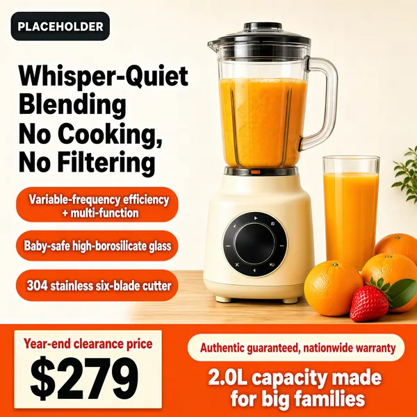 [Format]
Professional e-commerce product main image, square 1:1, clean kitchen-appliance style with bright orange promo framing and a lifestyle countertop shot.

[Colors]
Upper field soft cream-white wall (#f5f1ea), lower band vivid orange (#e0662a) for the price strip. Accent orange pills with white text, cream blender body, fresh juice tones. Small dark logo chip top-left. No frame border.

[Layout]
Top-left a logo badge with placeholder text. The left column carries a two-line heavy title and then three stacked rounded orange feature pills. The right half shows the blender on a counter with a glass of juice and fruit. The bottom orange band holds the price block on the left and guarantee text on the right.

[Subject]
No people. A cream-coloured countertop high-speed blender with a glass pitcher filled with fresh orange juice and a black round control dial on the base, standing on a light wooden counter beside a tall glass of juice, whole oranges and a strawberry.

[Headline]
Left title in heavy dark characters on two lines: "Whisper-Quiet Blending" and "No Cooking, No Filtering". Orange pills: "Variable-frequency efficiency + multi-function", "Baby-safe high-borosilicate glass", "304 stainless six-blade cutter". Bottom band: a cream block reading "Year-end clearance price" over a giant "$279" on the left; on the right a pill "Authentic guaranteed, nationwide warranty" above large white text "2.0L capacity made for big families".

[Mood]
Fresh, wholesome and practical; warm kitchen light with confident orange promo bars, family-friendly at thumbnail size.