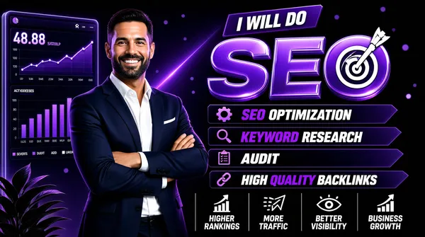 [Format]
Landscape 16:9 gig cover, neon-purple promo composite with a floating analytics dashboard and glossy 3D display type. Sleek, techy, no watermark, no personal names.

[Layout]
The background is a deep violet-to-black gradient lit by purple neon glows, with a soft bokeh of small dots and a faint diagonal light streak behind the centre. On the left edge a tall floating dashboard panel is rendered at a slight perspective and cropped by the frame edge, holding a large figure and a line chart at its top, a bar chart in its middle and a small legend at its foot, with a dark plant silhouette overlapping its lower corner. The person stands just left of centre, cropped by the bottom edge, occupying the middle third and rising above the dashboard top. The right half carries a flush-left stack: a small tilted plate, a huge glossy display word with a mark, four dark ribbon rows tapering rightward, and a footer row of four icon-and-caption columns separated by thin vertical rules.

[Subject]
A man in his mid thirties with short dark hair, a neat dark beard and a warm complexion, wearing a navy suit jacket over a crisp white open-collar shirt. Framed from the hip up, arms folded confidently across his chest, body angled three-quarters toward the viewer with a bright open smile. Cool violet key light with a strong purple rim along his shoulders and hair.

[Headline]
The small tilted plate near the top right reads “I WILL DO” in bold white italic caps. Beneath it the hero word “SEO” is a huge glossy purple sans with bevelled highlights, with a white dart-and-target glyph standing in for the letter O. Under it, four dark ribbon rows each hold a small purple icon at the left plus a line of heavy italic caps in white, with one or two words per row picked out in purple: “SEO OPTIMIZATION”, “KEYWORD RESEARCH”, “AUDIT”, “HIGH QUALITY BACKLINKS”. The footer row carries four columns, each a white outline icon above a two-line caption in white and purple caps, reading as higher rankings, more traffic, better visibility and business growth.

[Badges]
Four small purple icon glyphs act as list bullets — a gear, a magnifier, a clipboard and a chain link. The white dart-and-target mark inside the hero word is decorative. No rating seals.

[Mood]
Deep violet and black with neon purple glow and one white shirt as the bright note. Futuristic and premium; at thumbnail size the giant glossy SEO and the floating dashboard chart are the anchors.