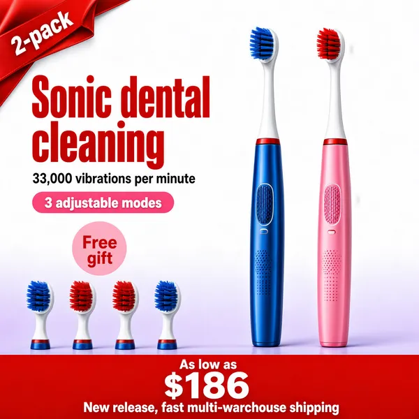 [Format]
Professional e-commerce product main image, square 1:1, clean clinical personal-care promo style on a bright white-to-lilac gradient.

[Colors]
White background fading to pale lavender at the bottom (#e8e6f5 range); red display type (#e5352b); a soft pink accent pill; the toothbrushes supply glossy blue, pink and white; a red corner ribbon and a red bottom banner.

[Layout]
Top-left: a folded red corner ribbon. Upper-left column: the headline block, a spec line and a pink pill. Centre-right: two electric toothbrushes standing upright side by side. Lower-left: a small pink gift circle above a row of four replacement heads. Bottom: a red banner spanning the width.

[Subject]
Two slim sonic electric toothbrushes standing upright: glossy blue and pink rubber-grip handles with white upper stems and thin red accent rings, one fitted with a blue bristle head, the other with a red bristle head, crisp studio product photography with soft reflections. Below and left, four spare brush heads in alternating blue and red stand in a tidy row. No people.

[Headline]
Red corner ribbon: "2-pack" in white caps. Left column: "Sonic dental cleaning" in very heavy red caps; "33,000 vibrations per minute" in dark grey beneath; a pink rounded pill with white caps "3 adjustable modes"; a small pink circle reading "Free gift". Bottom red banner: "As low as" above a giant white "$186", then white caps "New release, fast multi-warehouse shipping".

[Badges]
The corner ribbon and the gift circle.

[Mood]
Fresh, hygienic and value-forward; airy white space with red urgency accents and tidy gadget rendering.