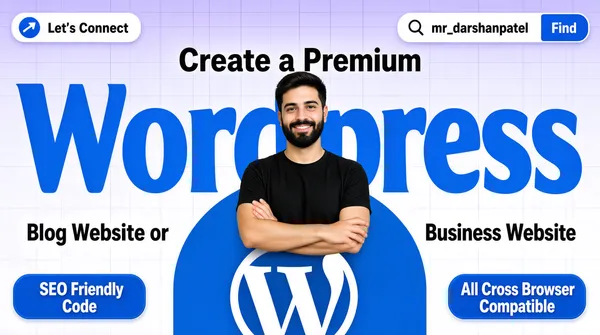 [Format]
Professional Fiverr gig cover, landscape 16:9 banner. Clean light editorial style with one oversized display word and UI-chrome accents. No watermark, no personal names.

[Layout]
A pale lavender-to-white gradient background with a faint fine grid of thin lines, like design canvas guides. The composition is centred: a giant display word spans the full width, a blue arch panel and giant logo mark anchor the lower centre, small pill chips sit in all four corners, and the subject breaks the middle of the frame.

[Subject]
Centre, waist-up, overlapping the giant word and standing in front of a blue arch: a young white / Caucasian man with short dark hair, a full trimmed beard and a warm smile, wearing a plain black crew-neck t-shirt, arms folded across his chest, looking straight at the camera. Clean soft studio light. No text or watermark on the subject.

[Headline]
Top-left: a white pill with "Let's Connect" in black text and a small blue circle containing a white diagonal arrow. Top-right: a white pill with a magnifier icon, the text "mr_darshanpatel" and a blue "Find" chip. Centre: "Create a Premium" in bold black sans-serif; beneath it "Wordpress" in enormous blue soft-serif lowercase spanning the frame with the subject overlapping the central letters; then "Blog Website or" on the left and "Business Website" on the right in bold black, flanking the subject.

[Badges]
Bottom-left: a blue rounded pill with "SEO Friendly Code" in white bold across two lines. Bottom-right: a matching blue pill with "All Cross Browser Compatible" in white bold across two lines.

[Graphic accents]
Behind the subject, a solid blue arch-shaped panel carrying a giant white WordPress "W" mark that rises from the bottom edge, with the subject layered in front of it.

[Mood]
Bright, modern and service-forward; pale grid canvas with one giant blue display word, tidy UI chips and a confident human centrepiece.