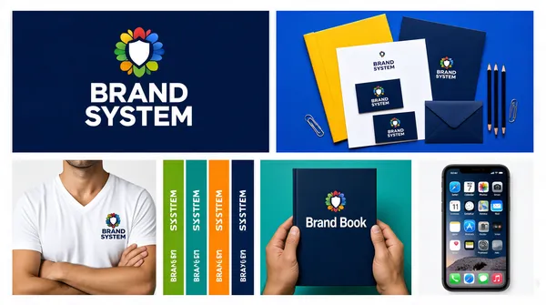 [Format]
Landscape 16:9 gig cover, corporate identity moodboard on a white page, mixing flat logo tiles with photographic stationery and garment mockups. Even soft daylight. No watermark, no personal names.

[Layout]
Two bands. The top band is two large tiles: a deep navy square on the left holding the primary lockup, and a bright royal-blue tile on the right holding the stationery set — a yellow folder behind a navy one, a letterhead carrying the logo, a pair of navy business cards, a navy envelope, and three pencils and two paperclips scattered across the blue ground. The bottom band is a strip of four tiles of slightly different widths divided by thin white gutters: a photograph of a man's torso in a white T-shirt carrying the logo, a column of four tall thin vertical colour panels in green, teal, orange and navy with small repeated white text, a photograph of two hands holding a navy brand book against a teal ground, and a photograph of a phone showing an Apple iOS home screen.

[Subject]
Two human subjects, both cropped so no face is visible. Bottom-left, a man's chest and folded arms in a white v-neck tee printed with a small badge on the left breast. Bottom-centre, two hands gripping the navy cover of a brand book, arms cropped at the wrist. Both lit evenly from the front.

[Headline]
The navy tile's lockup pairs a rosette mark — a ring of coloured petals around a white shield shape — with a two-word white wordmark stacked on two lines. The letterhead and folders repeat the lockup small; the brand book reads Brand Book in white across its navy cover. The phone screen shows Apple iOS system icons — Safari, Calendar marked WED 7, Photos and Mail — with the brand's own app icon sitting in the grid.

[Badges]
An Apple iOS home screen appears in the bottom-right tile, with the Safari, Calendar, Photos and Mail icons visible alongside the brand's own app tile. No ratings or trust seals.

[Mood]
Deep navy and royal blue with citrus green, teal and amber accents over white; corporate, systematic, friendly. At thumbnail scale the colour-strip tile and the blue stationery tile give an immediate identity-kit read.