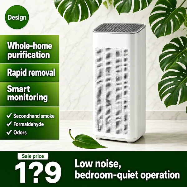 [Format]
Professional e-commerce product main image, square 1:1, fresh airy home-appliance style with green wellness accents.

[Colors]
Background a light marble-white room scene (#eef1ec range) with lush green monstera leaves framing the top and right edges; grass-green gradient panels as the primary accent; a clean white product body; a deep green price band along the bottom; no frame border.

[Layout]
A left column of stacked green feature panels; the purifier standing centre-right on the pale floor; a small round chip at the top-left; a wide dark-green band carrying price and slogan across the bottom edge.

[Subject]
No people. A tall white tower air purifier with a silver-grey top vent and a fine perforated front grille, standing in a soft studio shadow with a single green leaf resting on the floor in front.

[Headline]
Three stacked bold white lines on the green panels: "Whole-home purification", "Rapid removal" and "Smart monitoring". Beneath them, small white tick rows: "Secondhand smoke", "Formaldehyde" and "Odors". The bottom band holds a huge white price figure "1?9" under a small green tag "Sale price", with bold white caps to the right: "Low noise, bedroom-quiet operation".

[Badges]
A small round green chip at the top-left carries a "Design" placeholder mark.

[Mood]
Clean, healthy and calm; green-on-white freshness promising quiet, whole-home purified air.