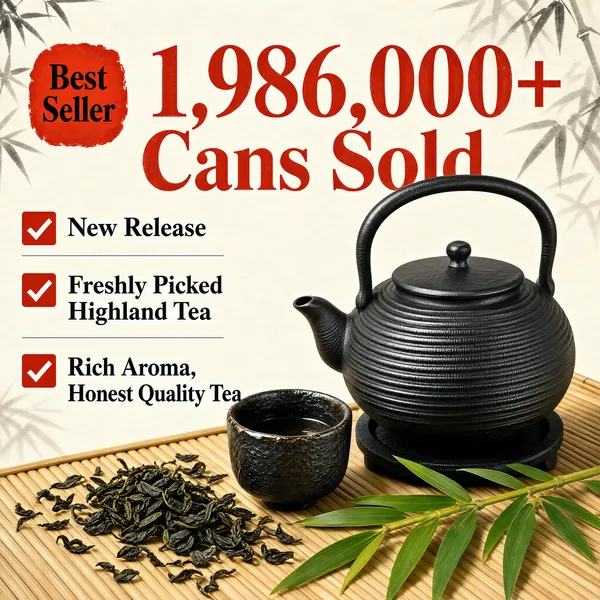[Format]
Professional e-commerce product main image, square 1:1, refined ink-wash tea advertising style on a warm paper background with bold sales typography.

[Colors]
Warm off-white rice-paper background (#f3ece0) with faint bamboo shadows at the corners; primary accent vermilion red (#c23b22); charcoal-black type; natural bamboo and tea-leaf greens as support; no frame border.

[Layout]
Top area holds a red seal chip beside an enormous sales figure; three checklist rows run down the left side; the teapot scene occupies the lower half on a bamboo mat with loose leaves and a leafy sprig across the foreground.

[Subject]
Lower right: a round black cast-iron teapot with a ringed ribbed body, arched handle and a small lid knob, sitting on a black trivet over a slatted bamboo mat; beside it a textured black tea cup, scattered dried tea leaves and fresh green bamboo leaves. No people.

[Headline]
Top-left red seal chip: "Best Seller". Beside it, a giant red serif figure: "1,986,000+ Cans Sold" sweeping across the top. Left checklist with red check boxes: "New Release", "Freshly Picked Highland Tea", "Rich Aroma, Honest Quality Tea".

[Mood]
Calm, artisanal and proven; quiet paper tones anchored by one loud red sales number.