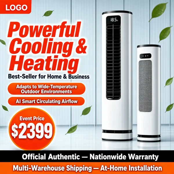 [Format]
Professional e-commerce product main image, square 1:1, modern appliance-advertising style with a cool gallery interior and confident red-orange display type.

[Colors]
Pale blue-grey interior background (#dfe6ea range) with soft vertical panel lines and drifting green leaves; primary accent vivid red-orange for the headline; matte white product bodies with black accent stripes; a black strip and orange band close the bottom; No frame border.

[Layout]
A small header tab with logo text sits top-left; the headline stack fills the upper-left; two orange capsule pills sit below it; two tall cylindrical floor-standing air conditioners stand side by side on the right; a price medallion anchors the bottom-left; the black strip and orange footer band run across the bottom.

[Subject]
No people. Two glossy white cylindrical floor-standing air conditioners, the larger unit with a vertical black louvered air column and a small display showing "18.5", the smaller one with a slim silver mesh front and compact display; subtle reflections on a pale floor.

[Headline]
Upper-left: "Powerful Cooling & Heating" in very heavy red-orange italic caps with a soft white glow; beneath, "Best-Seller for Home & Business" in heavy dark slate caps. Two orange capsules with white text: "Adapts to Wide-Temperature Outdoor Environments" and "AI Smart Circulating Airflow".

[Badges]
Bottom-left price medallion: "Event Price" small above "$2399" in huge white on orange. Black strip: "Official Authentic — Nationwide Warranty" in white caps. Orange footer band: "Multi-Warehouse Shipping — At-Home Installation" in heavy white caps.

[Mood]
Cool, capable and premium-domestic; airy gallery light with energetic red-orange claims promising year-round climate power.