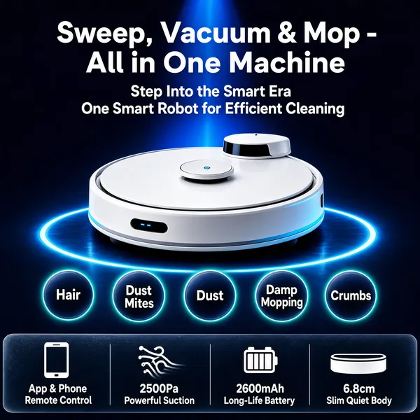 [Format]
Professional e-commerce product main image, square 1:1, futuristic smart-appliance style on a deep blue stage. Tech-blue glow, luminous ring floor and floating label pills.

[Colors]
Background a rich midnight navy around #101c3a with a radiant blue spotlight cone behind the product and a glowing blue ring on the floor. Accent clean white type and soft cyan halos. No frame border.

[Layout]
A big white headline crowns the top with a two-line sub-headline beneath it. The round robot vacuum sits centre frame on the glowing ring, five small circular label pills arranged in a gentle arc below it. A frosted dark strip along the bottom holds four icon spec items divided by thin rules.

[Subject]
A low white robot vacuum with a smooth glossy top, a single round button and a slim sensor turret, shown in a clean three-quarter top view, its rim glowing where the blue light grazes it. No people.

[Headline]
Top: "Sweep, Vacuum & Mop - All in One Machine". Sub-lines: "Step Into the Smart Era" and "One Smart Robot for Efficient Cleaning". Arc pills: "Hair", "Dust Mites", "Dust", "Damp Mopping", "Crumbs". Bottom strip: "App & Phone Remote Control", "2500Pa Powerful Suction", "2600mAh Long-Life Battery", "6.8cm Slim Quiet Body".

[Mood]
Sleek, intelligent and calm; deep blue spotlighting around a minimal white disc, spec icons promising full-floor coverage.