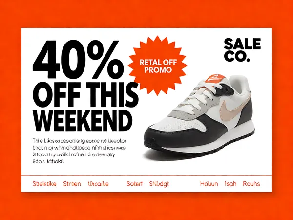 A flat, straight-on promotional flyer, landscape ratio. Large headline "40% OFF THIS WEEKEND" with a vivid orange starburst badge, a clean product shot of sneakers on one side, shop logo "SALE CO." in the corner, and a thin footer bar with store hours. Vivid orange, black and white palette. Bold retail promo layout, printable look, crisp and legible, no tilt.