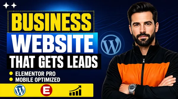 [Format]
Professional Fiverr gig cover, landscape 16:9 banner. Bold dark-navy lead-generation advertising style with stacked slab type. Modern, high-contrast and confident. No watermark, no personal names.

[Layout]
A deep navy-blue gradient ground with faint diagonal wave lines and a soft radial glow behind the left-hand type block. Two small white four-point sparkle stars sit in the top-left corner. The left two-thirds carry the stacked headline slabs and a trust row; the subject occupies the right third and bleeds off the bottom-right corner.

[Subject]
Right third, cropped at the chest: a white / Caucasian man with dark hair, a full trimmed beard, a calm confident expression, wearing a black zip jacket with a bright orange panel across the chest and a steel wristwatch, arms folded. Cool studio light, sharp focus, looking straight at the camera.

[Headline]
Stacked on the left, left-aligned: "BUSINESS" in very heavy yellow condensed caps inside a dark slab with a fine dotted outline; then "WEBSITE" in very heavy white caps on a blue-to-white gradient slab; then "THAT GETS LEADS" in very heavy white condensed caps on a solid black slab. Beneath, two small yellow dot bullets lead the white caps lines "ELEMENTOR PRO" and "MOBILE OPTIMIZED".

[Badges]
Under the trust row, a bright yellow horizontal bar holding the blue WordPress circle mark, the red Elementor mark and a small rising bar-chart icon side by side.

[Graphic accents]
A circular WordPress logo watermark floating faintly just left of the subject, plus the two white sparkle stars in the top-left corner.

[Mood]
Results-driven and dependable; deep navy with yellow and white slab type, a bright platform bar and a solid, trustworthy human presence.
