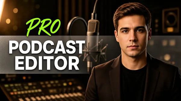 [Format]
Landscape 16:9 gig cover, moody studio portrait. Soft cinematic lighting, shallow focus background, no watermark, no personal names.

[Layout]
The right half is a cut-out portrait; the left half holds the headline over a translucent gray band. Behind the text and person is a recording studio with a large microphone, pop filter and audio gear, creating depth through soft bokeh.

[Subject]
A young man with short brown hair, wearing a dark blazer over a black crew-neck shirt, chest-up, facing forward with a serious expression, placed on the right third and lit with warm key light from the left.

[Headline]
"PRO" in a bright green script above the main line; "PODCAST EDITOR" in very large bold white sans, two lines, centered left, sitting on a horizontal frosted gray band that stretches across the middle of the frame.

[Badges]
none

[Mood]
Warm browns, blacks and muted greens with soft studio highlights; professional and intimate, it reads as a dedicated podcast editor.