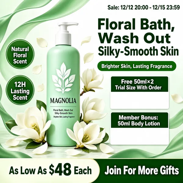 [Format]
Professional e-commerce product main image, square 1:1, fresh botanical spa style with silky green ribbons and magnolia blossoms.

[Colors]
Soft green-to-white background with flowing silk-like ribbon curves; mint-green bottle; white magnolia flowers and petals; green pill badges; white gift panels with green headers.

[Layout]
A small date line sits top-right. The bottle stands centre-left, tall. The headline and a green pill occupy the upper right. Two round badges stack on the left edge. Two white gift panels line the right side. The bottom band carries price and member copy.

[Subject]
A mint-green pump bottle of body wash with a white pump head, a white leaf-and-flower emblem and the word "MAGNOLIA" printed on the body; fresh white magnolia blossoms float around it.

[Headline]
Upper-right, dark green caps "Floral Bath, Wash Out Silky-Smooth Skin"; beneath, a green pill with white text "Brighter Skin, Lasting Fragrance". Left badges: "Natural Floral Scent" and "12H Lasting Scent". Right panels: "Free 50ml×2 Trial Size With Order" and "Member Bonus: 50ml Body Lotion". Bottom: "As Low As $48 Each" beside white caps "Join For More Gifts".

[Badges]
The two round scent badges; the two white gift panels; the date line "Sale: 12/12 20:00 - 12/15 23:59".

[Mood]
Fresh, floral and spa-pure; gentle green silkiness with generous gift messaging.