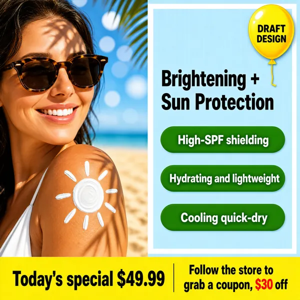 [Format]
Professional e-commerce product main image, square 1:1, sun-care lifestyle split with a photo left and a claims panel right.

[Colors]
Left photo: warm sand tones and blue sky bokeh; right panel: pale sky blue (#cfe8f4 range) inside a thin white frame card; green pills with white text; a yellow balloon badge; a yellow price strip; no outer frame border.

[Layout]
The photo bleeds across the left 45%; the right column holds the headline and three stacked pills inside the white frame; a yellow balloon hangs top-right; a yellow strip runs along the bottom.

[Subject]
Left: a smiling white / Caucasian woman with dark hair, tortoiseshell sunglasses and a white swimsuit strap, a white sun doodle painted in lotion on her fair-skinned shoulder, palm-leaf shadows dappling the light. The right panel shows no one.

[Headline]
Right panel: "Brightening + Sun Protection" in bold black. Green pills: "High-SPF shielding", "Hydrating and lightweight", "Cooling quick-dry". Balloon: "DRAFT DESIGN". Bottom strip: "Today's special $49.99" and "Follow the store to grab a coupon, $30 off" with the 30 in red.

[Mood]
Sunny, playful and beach-club bright; golden skin-and-sand warmth beside crisp claim typography.