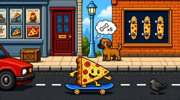 Retro Pixel Street Scene with Skateboarding Pizza Mascot