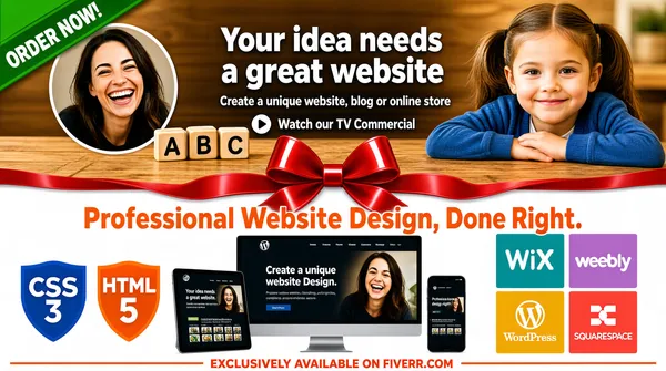 [Format]
Professional Fiverr gig cover, landscape 16:9 banner, friendly collage-style advertising layout combining a photographic banner with a clean white spec sheet below. No watermark, no personal names.

[Layout]
Two stacked zones. The TOP third is a warm website-hero photograph: a softly blurred wooden table background with a circular inset portrait of a laughing white / Caucasian woman with long dark hair on the left, white display text in the centre, alphabet toy blocks "A", "B", "C" and a red ribbon; on the right a young white / Caucasian girl with pigtails in a blue cardigan leans on the table smiling at the camera. The BOTTOM two-thirds is a flat white panel carrying logos, device mockups and platform tiles. A large glossy red ribbon bow with trailing tails drapes across the seam between the two zones.

[Subject]
No cover-level people besides the photographic figures described above: the woman in the circular inset and the girl on the right are part of the banner imagery.

[Headline]
In the top banner, white friendly sans-serif on two lines: "Your idea needs" and "a great website", with a smaller sub-line about creating a unique website, blog or online store and a round play button labelled "Watch our TV Commercial". Across the white panel, a single line in bold orange: "Professional Website Design, Done Right." Along the very bottom edge, in bold orange caps: "EXCLUSIVELY AVAILABLE ON FIVERR.COM".

[Badges]
On the white panel, lower-left: the large blue "CSS" over "3" shield logo and the orange "HTML" over "5" shield logo side by side. Lower-right: a two-by-two grid of flat colour tiles, each carrying a white platform logo and name: a teal tile with "WiX", a lilac tile with "weebly", a golden-yellow tile with the WordPress roundel and "WordPress", and a coral-red tile with the Squarespace mark and "SQUARESPACE". A green diagonal ribbon at the top-left corner of the banner reads "ORDER NOW!" in white caps.

[Devices]
Centre of the white panel: a desktop monitor flanked by a tablet and a smartphone, all showing the same dark portfolio site with a small logo, a text section and a grid of portrait thumbnails.

[Mood]
Warm, family-friendly and approachable; a soft photographic hero over a tidy white spec panel, cheerful orange typography and colourful platform tiles.