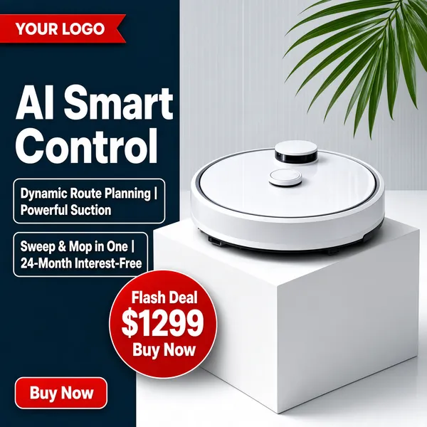 [Format]
Professional e-commerce product main image, square 1:1, clean tech-home advertising style with a slate-navy panel and bright gallery staging.

[Colors]
Left background a deep slate blue-grey (#3c4b63) panel fading to a light grey studio wall on the right; white display pedestal and floor; primary accents white and a flash-red price tag; a green palm leaf accents the top-right corner; no frame border.

[Layout]
Top-left red ribbon logo chip with "YOUR LOGO"; the headline and two feature bars stack down the left panel; the robot vacuum sits on a white cube pedestal centre-right; a round price badge overlaps the pedestal's lower-left; bottom-left corner holds a small red buy chip.

[Subject]
Centre-right: a round white robot vacuum with a smooth glossy top, a single button and sensor turret, photographed at a low three-quarter angle on a white display cube, soft studio shadow beneath. No people.

[Headline]
Heavy white caps on the navy panel: "AI Smart Control"; below, two outlined bars read: "Dynamic Route Planning | Powerful Suction" and "Sweep & Mop in One | 24-Month Interest-Free". Red price rosette: "Flash Deal $1299" with "Buy Now" beneath it.

[Mood]
Composed, intelligent and modern; cool slate contrast with crisp white product staging.