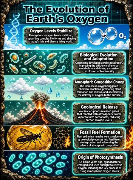 This infographic, titled "The Evolution of Earth's Oxygen," adopts a vertically layered layout presenting the key stages in the evolution of oxygen content in Earth's atmosphere from bottom to top. The overall design blends sci-fi and natural elements, with a teal-green color scheme complemented by rock-textured borders and glowing particle effects, creating a sense of deep geologic time. Each evolutionary stage is presented as an independent horizontal module containing explanatory text and corresponding illustrative imagery, with gradient color bands linking the modules into a clear timeline narrative.

The title "The Evolution of Earth's Oxygen" sits at the top center in bold 3D lettering — black fill with blue outlines and a grid-like tech texture — emphasizing the scientific and grand scale of the theme.

The infographic consists of six major modules, from bottom to top:

1. **Origin of Photosynthesis**  
   - Text content: "3.5 billion years ago, cyanobacteria emerged and used sunlight to release oxygen, initiating the key process of rising atmospheric oxygen levels."  
   - Visual elements: Against a deep blue background, multiple glowing cyanobacteria cells appear (spherical or chain-shaped), with fluorescent dots inside the cells simulating the process of photosynthesis; a woody rock-strata texture at the bottom symbolizes geological layers.

2. **Fossil Fuel Formation**  
   - Text content: "Plant and animal remains were transformed by geological processes into fossil fuels, storing carbon and influencing the balance of atmospheric composition."  
   - Visual elements: An insect fossil encased in amber resin embedded in a wood-grain background; below it, a honeycomb-patterned carbon molecular structure; flame effects on the right hint at the process of combustion, reflecting the carbon cycle and energy storage.

3. **Geological Release**  
   - Text content: "Volcanic eruptions released gases that reacted with atmospheric water vapor to form carbonates, reducing carbon dioxide levels."  
   - Visual elements: An image of a volcanic eruption with lava flows and thick billowing smoke surrounded by clouds, showing how geological activity regulates atmospheric composition.

4. **Atmospheric Composition Change**  
   - Text content: "The increase in oxygen triggered chemical reactions, promoting cloud formation and rainfall, and accelerating the delivery of oxygen to the surface."  
   - Visual elements: A pale blue-green sky background with floating white clouds and water droplets, accompanied by tiny rising bubbles, depicting oxygen-driven changes in the climate and hydrological cycles.

5. **Biological Evolution and Adaptation**  
   - Text content: "Organisms developed aerobic respiration, improving the efficiency of energy metabolism and driving a massive explosion of biodiversity."  
   - Visual elements: A deep-sea or microscopic world scene in which microbes of various shapes (such as bacteria and protozoa) swim through a glowing environment, some cells containing orange energy cores that symbolize aerobic metabolism.

6. **Oxygen Levels Stabilize**  
   - Text content: "Atmospheric oxygen levels stabilized, supporting complex life forms and shaping today's rich and diverse living world."  
   - Visual elements: A clear blue sky with white clouds; a transparent molecular model of oxygen (O₂) in the upper-right corner; a glowing DNA double-helix particle trail on the left, symbolizing the close link between life's evolution and oxygen.

All text labels are placed in translucent dialog boxes with a faux-stone texture edged in cyan halos, enhancing readability and the sense of technology. There is no explicit numeric axis or coordinate system between modules; instead, the timeline logic is constructed through spatial ordering and visual transitions. The infographic uses no charts (such as bar or line graphs), conveying scientific concepts through a combination of text and imagery that emphasizes process over quantified data.

Through its six-stage progressive structure, the chart systematically traces how Earth's oxygen evolved from nothing to abundance to stability, spanning biology, geology, chemistry, and climatology — an educational and artistic work of popular science.