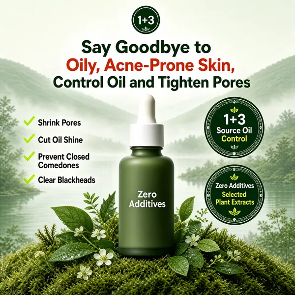[Format] Professional e-commerce product main image, square 1:1, misty botanical serum scene on a mossy knoll.
[Colors] Foggy sage-green landscape of lake and hills grading from #b8c8ae to #6e8a68, deep forest text accents, one warm orange-red highlight word, and dark-green claim medallions; no frame border.
[Layout] A small round logo tops the frame; the problem-solving headline runs beneath it with one orange phrase mid-line; four check claims march down the left; two round stamps float on the right; the dropper bottle rises from a grass mound center-bottom ringed by leaves and tiny blooms.
[Subject] A matte moss-green glass serum bottle with a white dropper cap and minimal label typography, planted among fresh green leaves on a soft mound of moss.
[Headline] Say Goodbye to Oily, Acne-Prone Skin, Control Oil and Tighten Pores with the skin phrase in orange-red; the claims read Shrink Pores, Cut Oil Shine, Prevent Closed Comedones and Clear Blackheads; the stamps say 1+3 Source Oil Control, Zero Additives and Selected Plant Extracts, Zero Additives.
[Badges] The two right-side stamps are deep-green circles with white and lime lettering and small decorative borders.
[Mood] Herbal, purifying and quietly clinical.