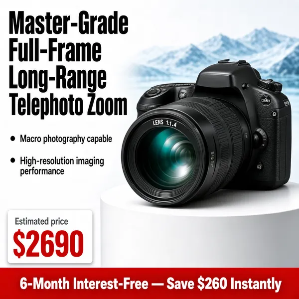 [Format]
Professional e-commerce product main image, square 1:1, clean tech-retail style on a bright studio ground.

[Colors]
Background is a soft white-to-pale-grey studio with a blurred icy blue mountain landscape band behind the product (#dfe8ee range). Headline near-black, price red on a white card, promo band red. No frame border.

[Layout]
Upper-left: two stacked headline lines. Left-middle: two bullet points. The right two-thirds hold the camera on a white cylindrical pedestal. The bottom has a white price card at the left joined to a red promo bar running the width.

[Subject]
A professional black DSLR-style camera body fitted with a wide manual lens marked "LENS 1:1.4", angled three-quarter view showing the grip, dials and glass front element with a subtle teal ring reflection; no people.

[Headline]
Top-left stacked: "Master-Grade Full-Frame" over "Long-Range Telephoto Zoom" in very heavy black caps. Bullets in dark grey: "Macro photography capable" and "High-resolution imaging performance". Bottom-left card: "Estimated price" in small grey above "$2690" in huge red numerals. Red bar: "6-Month Interest-Free — Save $260 Instantly".

[Mood]
Precise, premium and promotion-ready; airy neutral studio tones with a confident red deal strip anchoring the base.