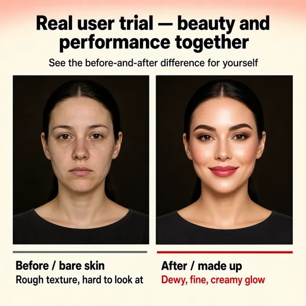 [Format]
Professional e-commerce product main image, square 1:1, clinical beauty comparison layout with twin before-and-after portraits on a warm cream ground.

[Colors]
Background warm cream (#f5e8d8) with a subtle blush gradient at the top. Portrait panels in dark studio brown-black. Text in black with red accents on the after side. No frame border.

[Layout]
The top centre holds a bold black title line with a smaller grey sub-line beneath. The middle holds two equal rectangular portrait panels side by side with a thin gap. The bottom carries two caption blocks — a before block with a grey rule and an after block with a red rule.

[Subject]
Two head-and-shoulders portraits of the same young white / Caucasian woman with dark hair pulled straight back, facing the camera against a dark studio backdrop. Left panel: bare face with visible dullness and uneven tone, neutral expression. Right panel: a made-up look with defined brows, soft eyeshadow and a rosy lip, luminous smooth skin and a slight smile.

[Headline]
Top: "Real user trial — beauty and performance together" in heavy black; sub-line "See the before-and-after difference for yourself". Captions: on the left "Before / bare skin" with grey text "Rough texture, hard to look at"; on the right "After / made up" with red text "Dewy, fine, creamy glow".

[Mood]
Clinical, persuasive and high-contrast; warm cream framing around dramatic studio portraits, proof-driven beauty marketing.
