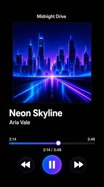 A straight-on, flat app screenshot of a music streaming app, no tilt, no 3D perspective. A large square album-cover image at top, with the album title "Midnight Drive" in small text above the track. Beneath the cover: the song title "Neon Skyline" in bold and the artist name "Aria Vale" in smaller text below it. A progress scrubber showing the track partway through with the time "2:14 / 3:48", a play/pause button, and previous/next controls beneath. A dark theme with a vibrant accent color (electric blue / violet), crisp typography, polished UI.