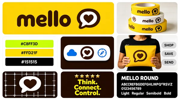 [Format]
Landscape 16:9 gig cover, full brand-guide bento board of nine rounded tiles. Clean product-UI finish with soft shadows. No watermark, no personal names.

[Layout]
A bento grid with even white gutters on white. Top-left, widest: a vivid yellow tile with a dark-brown lowercase rounded wordmark beside a brown speech-bubble-and-heart mark. Top-right: a black photo tile of stacked printed tape rolls alternating yellow and white, each printed with the lockup. Left-middle: a palette tile of three stacked rounded bands — lime, yellow and near-black — each carrying a white hex code. Centre-middle: a dark-brown tile with a white dock holding three rounded app icons, the centre one enlarged with the brand mark, flanked by a generic blue weather-cloud icon and a generic blue compass icon. Right-middle, tall: a photo tile of a woman in a black top holding a yellow zip pouch printed with the oversized mark, three grey pill labels floating beside it. Bottom row of three tiles: near-black tile with the white mark on a construction grid; brown tile with five small gold stars above three stacked yellow words Think. Connect. Control.; black typography-specimen tile with a bold white font name, an alphabet line, digits, and weight labels.

[Subject]
The right photo tile holds a generic young woman, cropped chin-to-waist, holding the pouch toward camera, soft indoor light; no face focus.

[Headline]
Wordmark: lowercase rounded sans in dark brown on yellow (placeholder copy). Typography tile: a bold rounded-sans font name as placeholder copy with alphabet and digits beneath and Light, Regular, Semibold, Bold labels. Pill labels read generic commerce words.

[Badges]
The speech-bubble-heart mark recurs as app icon, ghost grid tile and pouch print; five gold stars on the slogan tile.

[Mood]
Marigold yellow, chocolate brown and near-black with a lime accent; warm, modern, app-brand energy. The yellow hero tile anchors the thumbnail.