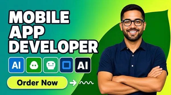 [Format]
Landscape 16:9 gig cover, bright flat-vector promo with a cut-out portrait. Smooth two-tone gradient background. No watermark, no personal names.

[Layout]
Full-bleed teal-to-lime gradient with a large soft petal shape in a slightly darker green sweeping behind the person on the right. The left 60 percent is a type column: three stacked headline lines, a small inline pair of badges sitting at the end of the second line, a row of five rounded-square tiles beneath the stack, and a lime rounded-pill button at the bottom with a small white hand-drawn arrow and a squiggle floating to its right. The right 40 percent is a person cut-out rising from the bottom edge.

[Subject]
A man in his early thirties with glasses and a short beard, navy short-sleeve collared shirt, arms folded, waist-up, smiling to camera. He occupies the right 38 percent of the frame and is cropped by the bottom and right edges.

[Headline]
Left column, top to bottom: MOBILE in extra-heavy uppercase sans, white with a thick dark outline; APP in the same face and weight, followed inline by two small white rounded-square badges; DEVELOPER in extra-heavy uppercase sans, white with a dark outline - the widest line. The three lines are stacked tight to form a near-square block. Bottom: Order Now in bold title-case sans, dark charcoal, on a lime rounded-pill button.

[Badges]
Two small white rounded-square badges sit inline at the end of the APP line, holding the Apple logo as a solid-black apple silhouette and the Android robot as a solid-black robot mark. A further row of five white rounded-square tiles sits below the headline with platform logos: the Flutter mark as a blue chevron, the React atom as a small orbit-ring shape, the Node.js logo as a small hexagon outline, the Python logo as a blue-and-yellow interlocking snake pair, and a dark tile reading AI in white.

[Mood]
Palette of teal, spring green, lime and white with heavy black type outlines. Fresh, friendly and energetic; the white outlined headline on green is the clearest element once the cover is scaled down.