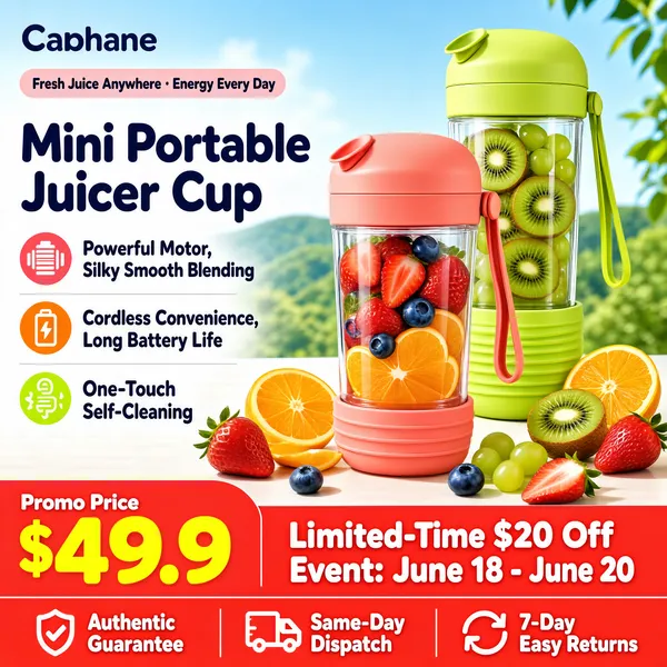 Professional e-commerce product main image, square 1:1, juicy summer small-appliance promo style bursting with fresh fruit colour.

[Colors]
Background is a bright airy scene of soft blue sky and blurred green hills over a pale tabletop; the juicer cups come in coral pink (#f08a8a) and fresh lime green (#a8d878) with clear fruit-filled vessels; headline type is deep navy; feature pills are pink, orange and green; the bottom band is coral red with white type. No frame border.

[Layout]
The left column stacks the top logo bar, a small pill, the two-line headline and three icon feature rows; the right two-thirds show the pink cup in front and the taller green cup behind on the tabletop, surrounded by sliced oranges, strawberries and kiwi; a full-width red price banner anchors the bottom with coupon and date strips.

[Subject]
No people. Two portable USB-rechargeable juicer blender cups: each a clear tumbler packed with fresh fruit — strawberries, blueberries and orange segments in the pink one, kiwi and green grapes in the green one — topped with a ribbed silicone grip sleeve, a flip-spout lid and a slim carry strap; juicy cut fruit scattered around the bases.

[Headline]
Top-left small pill: "Fresh Juice Anywhere · Energy Every Day". Main headline in heavy navy rounded sans-serif on two lines: "Mini Portable" and "Juicer Cup". Three feature rows with coloured icons: "Powerful Motor, Silky Smooth Blending", "Cordless Convenience, Long Battery Life", "One-Touch Self-Cleaning".

[Badges]
Bottom red banner: "Promo Price" above a huge yellow "$49.9"; beside it "Limited-Time $20 Off" and "Event: June 18 - June 20"; a lower strip holds three white-icon badges: "Authentic Guarantee", "Same-Day Dispatch", "7-Day Easy Returns".

[Mood]
Fresh, playful and thirst-quenching; vibrant fruit colours and friendly rounded type selling effortless on-the-go juicing.