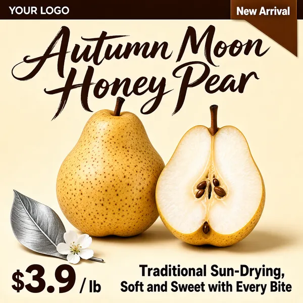 [Format]
Professional e-commerce product main image, square 1:1, clean minimalist fruit-market style with airy beige styling and brush-script display type.

[Colors]
Background is a soft warm beige (#efe6d8) with gentle shadowing; the pears are pale honey-yellow (#e8cf9a) with fine speckles; headline calligraphy is dark cocoa brown (#5a3a22); the top-left logo chip is dark brown and the top-right corner tag is the same brown with white type; the bottom price zone keeps the beige ground. No frame border.

[Layout]
A slim dark bar with a white logo lockup runs along the very top, with a corner ribbon tag at the top right; the huge brush-script title spans the upper third; the whole pear and the halved pear fill the centre; a silver leaf and a small white blossom decorate the lower left; the price sits at the bottom left and the selling line runs along the bottom right.

[Subject]
No people. A whole ripe autumn pear with a short woody stem standing slightly left of centre, next to a halved pear showing crisp white flesh, a central seed cavity and delicate brown seeds; a brushed silver decorative leaf and a single five-petal white blossom rest in the foreground, all under soft even studio light.

[Headline]
Upper area in large dark-brown brush calligraphy: "Autumn Moon Honey Pear". Bottom left: a huge dark-brown "$3.9" with a small "$" prefix and the unit "/ lb" beside it. Bottom right in bold brown sans-serif: "Traditional Sun-Drying, Soft and Sweet with Every Bite".

[Badges]
Top-right corner ribbon reads "New Arrival" in white on brown; top-left dark chip reads "YOUR LOGO".

[Mood]
Fresh, gentle and premium; quiet beige elegance letting the fruit and calligraphy carry the appeal.