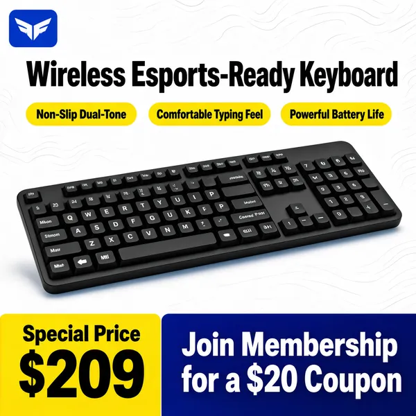 [Format]
Professional e-commerce product main image, square 1:1, clean white-and-blue wireless keyboard feature layout.

[Colors]
White background with faint topographic lines; matte black low-profile keyboard; black display text; yellow claim pills with black text; blue logo chip; bottom band of yellow and blue with white text; No frame border.

[Layout]
Blue logo chip top-left; big headline top-center; three yellow feature pills in a row beneath; keyboard floats at a slight angle across the middle; bottom band: yellow price card left and a deep blue coupon strip right.

[Subject]
A slim matte-black wireless low-profile keyboard with rounded square keycaps in a standard layout with a numeric pad, shown floating at a three-quarter tilt.

[Headline]
Black heavy "Wireless Esports-Ready Keyboard"; yellow pills "Non-Slip Dual-Tone", "Comfortable Typing Feel", "Powerful Battery Life"; yellow card "Special Price $209"; blue strip "Join Membership for a $20 Coupon".

[Badges]
Three yellow feature pills, blue logo chip, coupon strip.

[Mood]
Crisp, efficient desk-gear confidence with tidy value framing.