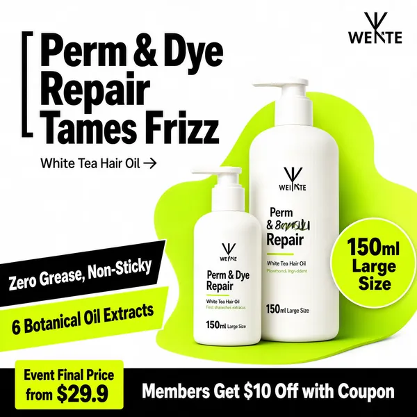 [Format]
Professional e-commerce product main image, square 1:1, fresh minimalist hair-care promo with green-white contrast.

[Colors]
White background with soft lime-green blobs (#c8e86a range); black display text; green highlight blocks; small brand marks in black; No frame border.

[Layout]
Two pump bottles stand center-right on a green organic shape; big two-line headline upper-left with a bracket accent; small tagline with arrow beneath; two slanted label strips lower-left; green circular capacity badge right of the bottles; black bottom bar with a green price card left.

[Subject]
Two matte white plastic pump bottles of shampoo, one smaller one larger, with clean minimal design and soft shadows.

[Headline]
Heavy black characters "Perm & Dye Repair" and "Tames Frizz" with light subtitle "White Tea Hair Oil" and an arrow; slanted black strip "Zero Grease, Non-Sticky" and green strip "6 Botanical Oil Extracts"; green circle "150ml Large Size"; bottom green card "Event Final Price from $29.9"; black bar reads "Members Get $10 Off with Coupon".

[Badges]
Green circular capacity badge, slanted promo strips, green price card.

[Mood]
Crisp, clean and botanical, promising smooth repaired hair.