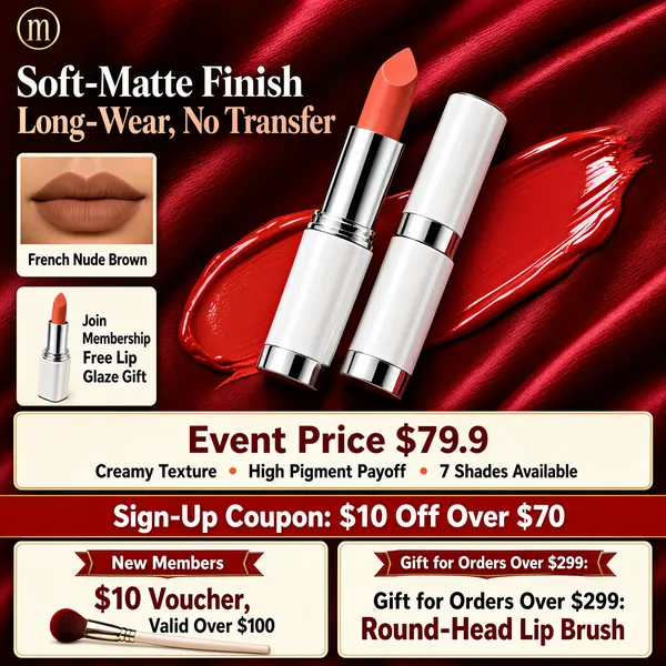 [Format] Professional e-commerce product main image, square 1:1, rich silk-textured lipstick promo with a membership footer.
[Colors] Deep crimson satin folds from #a82838 to #6e1220, ivory and gold headline type, warm coral bullet tones, cream and red offer bands stacked below; no frame border.
[Layout] A small logo sits top-left; the two-line headline sits beneath it with two reference cards down the left edge; the lipsticks rise from the center crossing a bold red smear; a cream price band, a coupon line and two membership offer cards close the bottom.
[Subject] Two slim lipsticks in white and silver tubes, one open showing a warm coral bullet, laid on flowing crimson silk with a glossy red smear sweeping behind them.
[Headline] Soft-Matte Finish in white then Long-Wear, No Transfer in cream; cards note French Nude Brown over a lips photo and Join Membership, Free Lip Glaze Gift beside a mini product shot; the cream band states Event Price $79.9 with Creamy Texture, High Pigment Payoff, 7 Shades Available; the line adds Sign-Up Coupon: $10 Off Over $70; bottom cards offer New Members $10 Voucher, Valid Over $100 and Gift for Orders Over $299: Round-Head Lip Brush.
[Badges] The two bottom cards are cream panels headed by red ribbon-style labels.
[Mood] Velvety, romantic and member-rewarding.