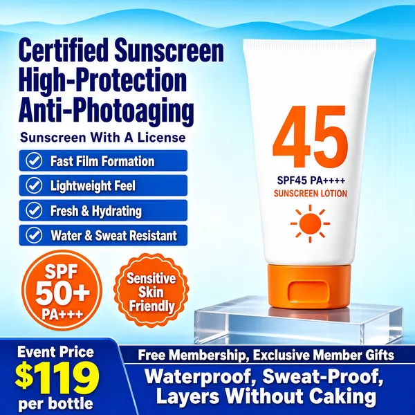 Professional e-commerce product main image, square 1:1, bright summer sun-care promo style with bold layered blue and orange graphics.

[Colors]
Background is an airy sky-blue gradient (#bfe0f5 to #e8f4fb) with faint wave silhouettes at the top; the tube is clean white with a vivid orange cap (#f07818) and orange SPF numerals; headline type is deep blue (#1e5fa8); the bottom band is strong blue (#2a7fc9) with white and yellow type. No frame border.

[Layout]
The headline block fills the upper left; the tall sunscreen tube stands on the right half on a frosted acrylic riser; two orange circular seals sit mid-left; four small blue claim boxes run beneath the headline; a full-width blue banner anchors the bottom with price and offer lines.

[Subject]
No people. A white squeeze tube of sunscreen lotion with a flip-style orange cap, standing upright and slightly angled, printed with a large orange "45", a small sun icon and the words "SPF45 PA++++ SUNSCREEN LOTION"; soft even studio light, subtle reflection on the clear riser.

[Headline]
Upper left in heavy blue condensed sans-serif on two lines: "Certified Sunscreen" and "High-Protection Anti-Photoaging"; beneath, a small spaced-caps line "Sunscreen With A License"; four blue boxes with white checkmarks: "Fast Film Formation", "Lightweight Feel", "Fresh & Hydrating", "Water & Sweat Resistant".

[Badges]
An orange circular seal reading "SPF 50+ PA+++" and a second orange scalloped seal with "Sensitive Skin Friendly"; bottom banner: "Event Price" above a huge yellow "$119" with "per bottle", plus a strip "Free Membership, Exclusive Member Gifts" and bold white closing copy "Waterproof, Sweat-Proof, Layers Without Caking".

[Mood]
Fresh, reliable and high-energy; crisp white-and-orange sun care against a clear summer sky blue.