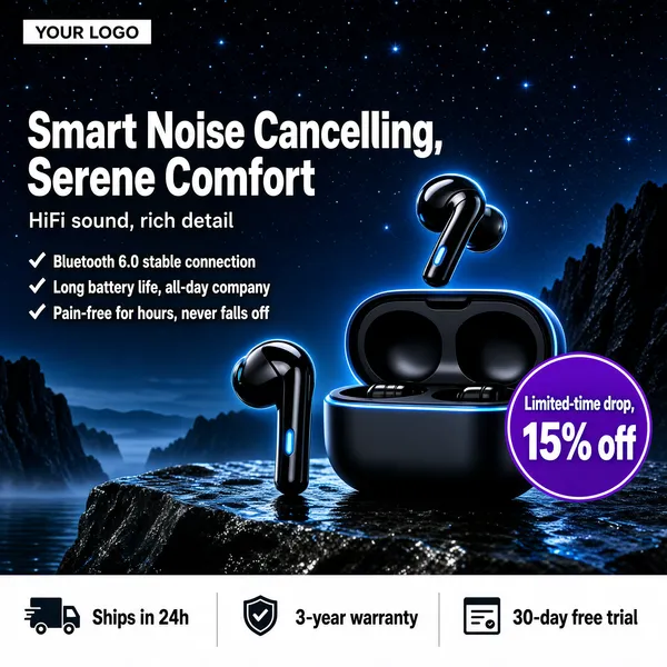Smart Noise Cancelling Earbuds at Night